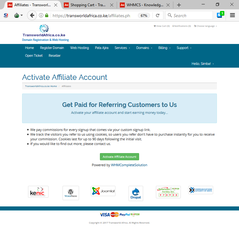 transworldafrica.co.ke get an affiliate link for .ke domain registration and web hosting in Kenya transworldafrica.co.ke Activate affiliate