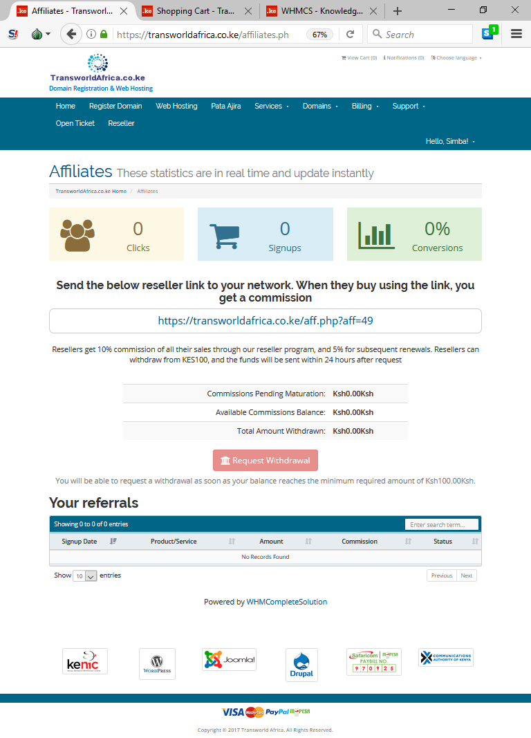 transworldafrica.co.ke affiliate link for .ke domain registration and website hosting transworldafrica.co.ke Affiliate link