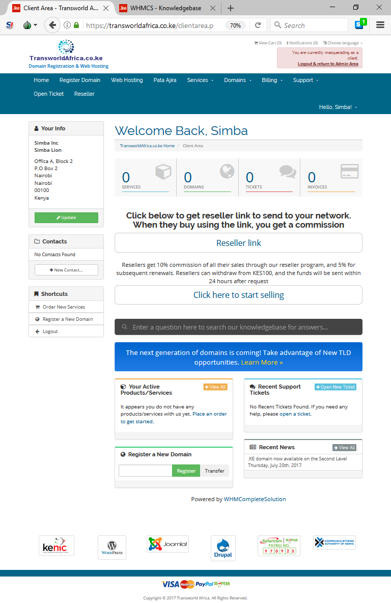 transworldafrica.co.ke client area for .ke domain registration and web hosting in Kenya transworldafrica.co.ke Client Area