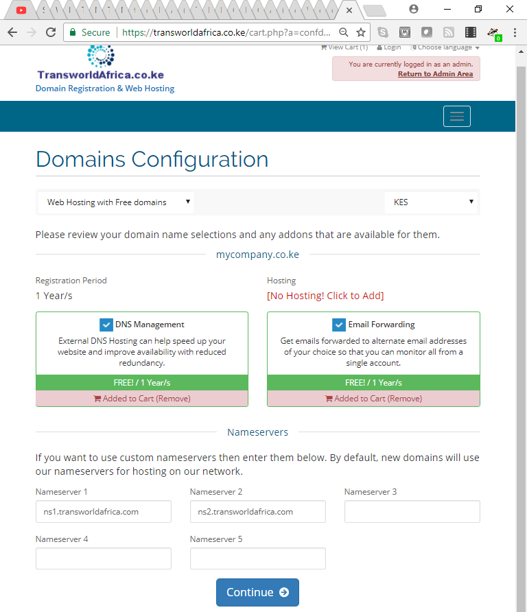 Register and host .ke domains transworldafrica.co.ke .ke domain configuration page