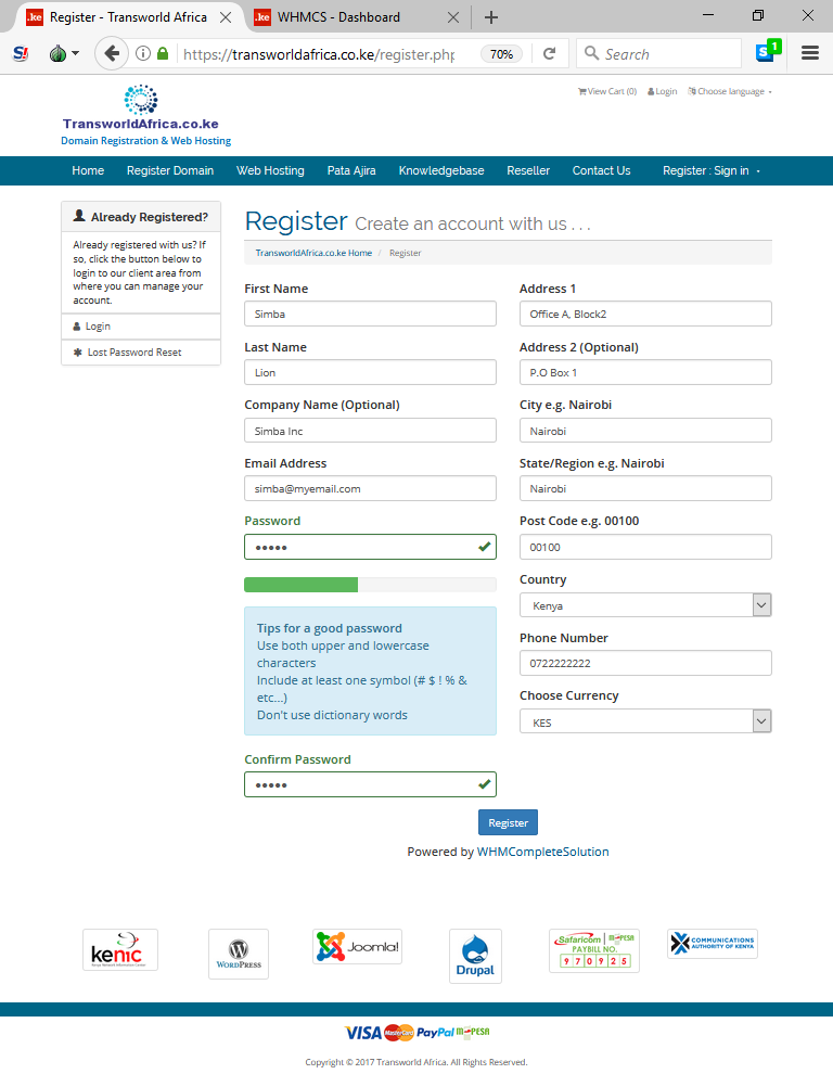 Register for .ke domain and website hosting transworldafrica.co.ke registration page